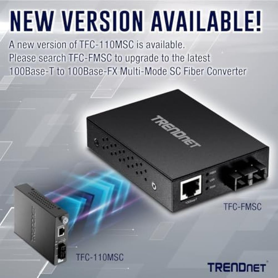 TRENDnet 100Base-TX to 100Base-FX Multi Mode SC Fiber Media Converter (2 Km, 1.2 Miles), Fiber to Ethernet Converter, RJ-45 Port, Fiber Port, Wall Mountable, Lifetime Protection, TFC-110MSC