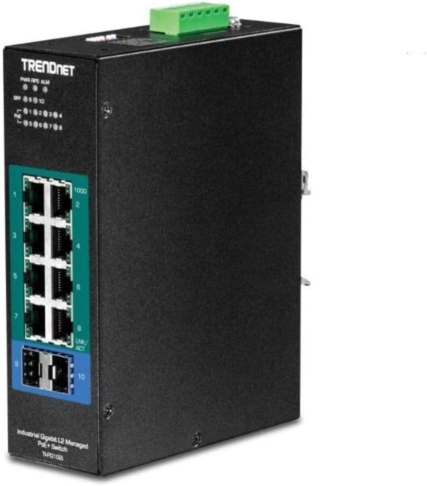 TRENDnet 10-Port Industrial Gigabit L2 Managed PoE+ DIN-Rail Switch, 8 x Gigabit PoE+ Ports, DIN-Rail Mount, 2 x SFP Slots, 24–57V DC Power Input, IP30, VLAN, Lifetime Protection, Black, TI-PG102i