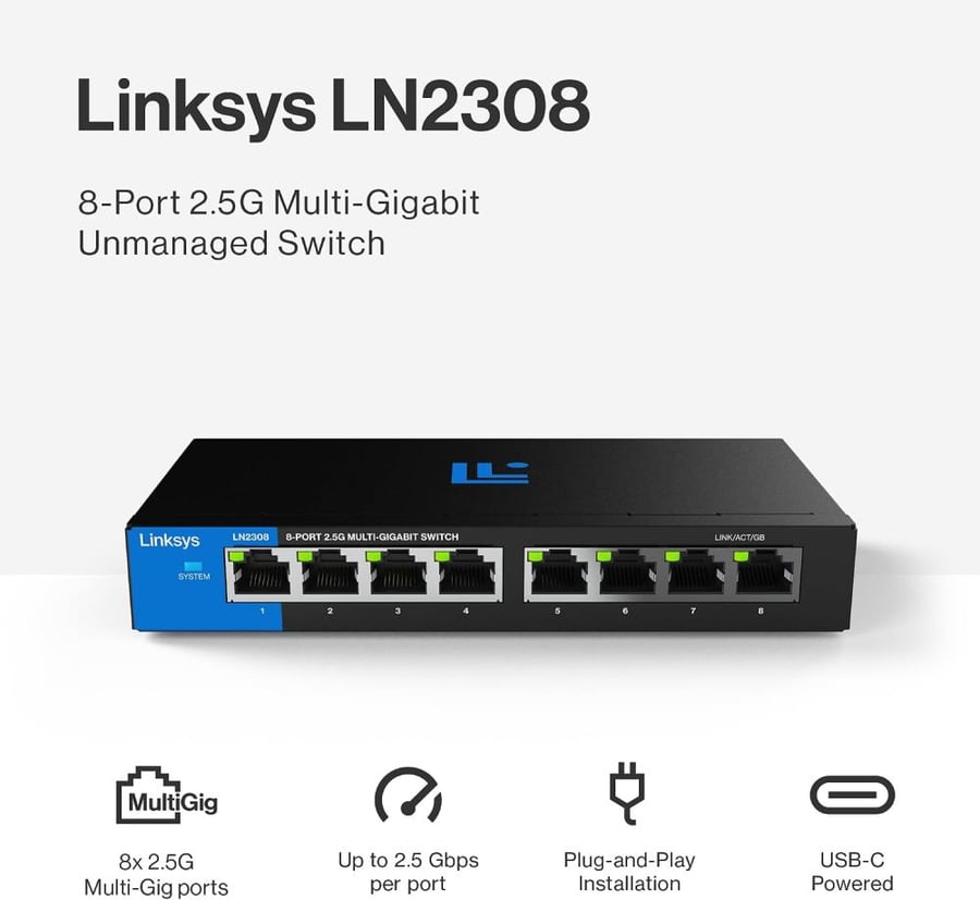 Linksys 8-Port, 2.5G Multi-Gig Unmanaged Switch | Energy-Efficient Ethernet | Full-Duplex Flow Control | Ideal for Small and Home Office with Fanless Design and Metal Casing | Plug-and-Play
