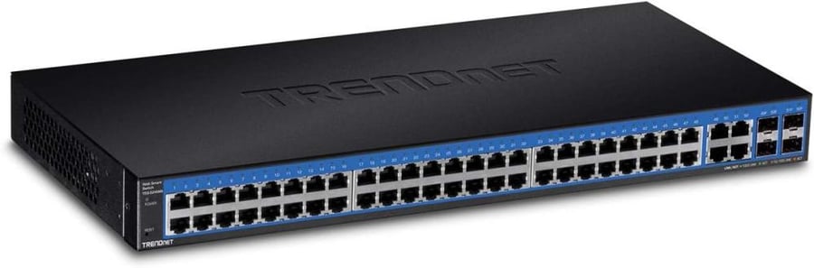 TRENDnet 52-Port Gigabit Web Smart Switch, 48 Gigabit RJ-45 Ports, 4 Shared Gigabit Ports (RJ-45 or SFP), VLAN, QoS, LACP, IPv6, Lifetime Protection, TEG-524WS,Black