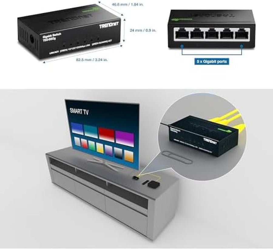 TRENDnet 5-Port Unmanaged Gigabit GREENnet Desktop Metal Switch, TEG-S50g, Ethernet Splitter, Ethernet/Network Switch, 5 x Gigabit Ports, Fanless, 10 Gbps Switching Fabric, Lifetime Protection