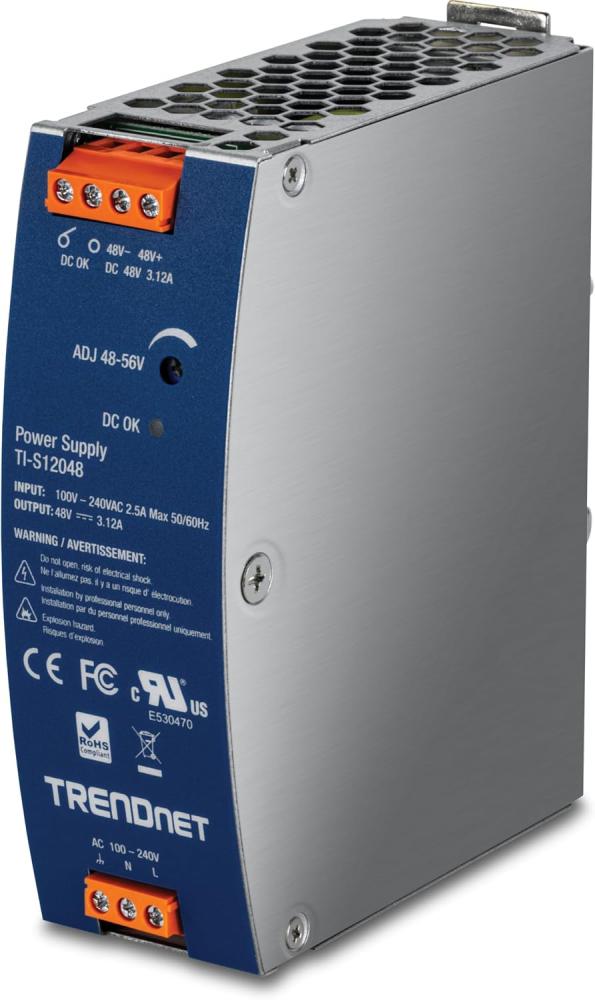 TRENDnet 120 W Single Output Industrial DIN-Rail Power Supply, Extreme -25 to 70 øC (-13 to 158 øF) Operating Temp, TI-S12048