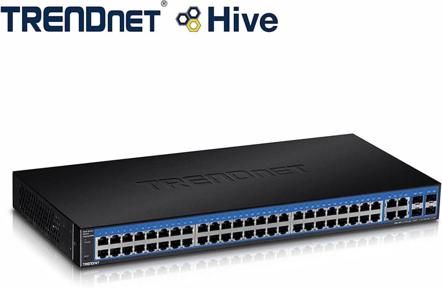 TRENDnet 52-Port Gigabit Web Smart Switch, 48 Gigabit RJ-45 Ports, 4 Shared Gigabit Ports (RJ-45 or SFP), VLAN, QoS, LACP, IPv6, Lifetime Protection, TEG-524WS,Black