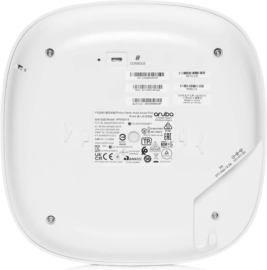 Aruba Instant On AP25 Access Point, Dual-Radio, 5GHz 4.8Gbps & 2.4GHz 574Mbps Data Rate, Dual Omni-Directional 4x4 MU-MIMO, 3.7dBi (2.4GHz), 4.5dBi (5GHz) Antenna Gain, White | R9B28A