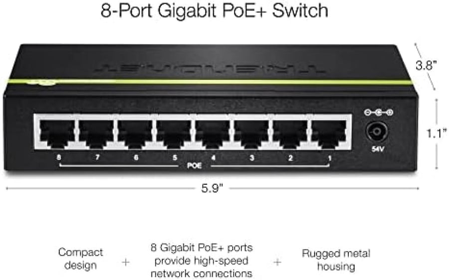 TRENDnet 8-Port Gigabit PoE+ Switch, 8 x Gigabit PoE+ Ports, 123W PoE Power Budget, 16 Gbps Switching Capacity, Desktop Switch, Ethernet Network Switch, Metal, Lifetime Protection, Black, TPE-TG80G