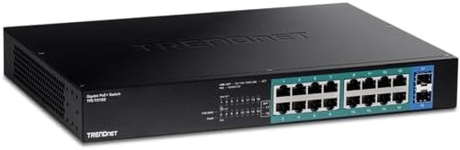 TRENDnet 18-Port Gigabit PoE+ Switch, 16 x 30W PoE+ Ports, 2 Gigabit SFP Slots, 240W PoE Budget, 36Gbps Switching Capacity, 1U 19” Rack Mountable, Lifetime Protection, Black, TPE-TG182