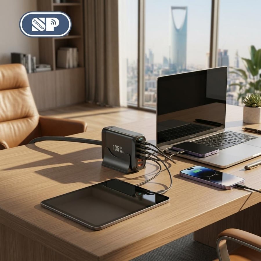 شاحن ايسنوب على مكتب عمل يشحن اللابتوب والجوال والآيباد بنفس الوقت