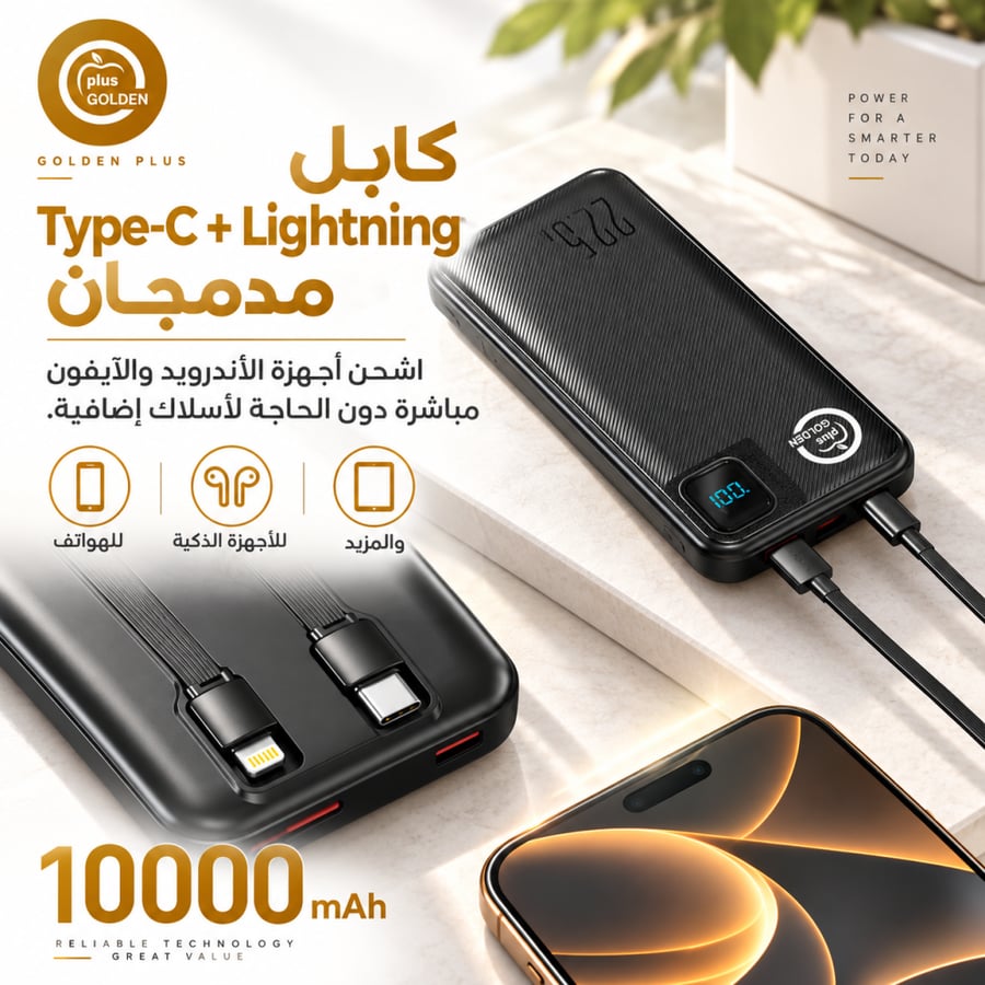 باور بانك شحن سريع  جولدن بلس 10000mAh مع كيابل مدمجة بشاشة رقمية