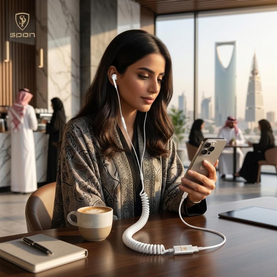 سلك زبركي مرن يتمدد حتى 2 متر لسماعة سبون تايب سي تستخدمه بنت سعودية