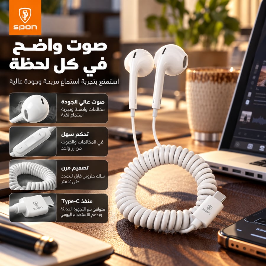 سماعة سبون تايب سي سلك زبركي أبيض مع كتابة المواصفات