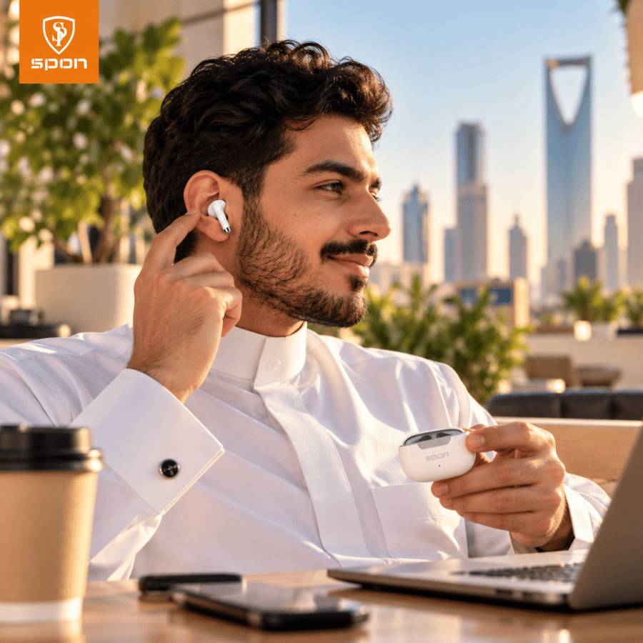 شخص يستخدم سماعة سبون اللاسلكية أثناء العمل والتنقل في السعودية