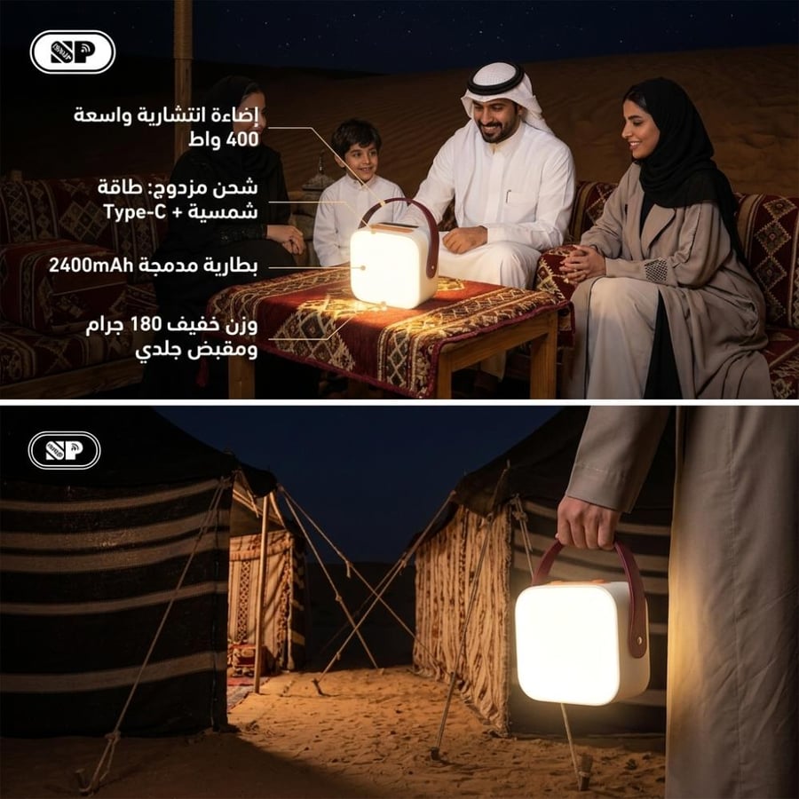 استخدام مصباح ايسنوب المحمول لإضاءة جلسة بر ليلية في السعودية.