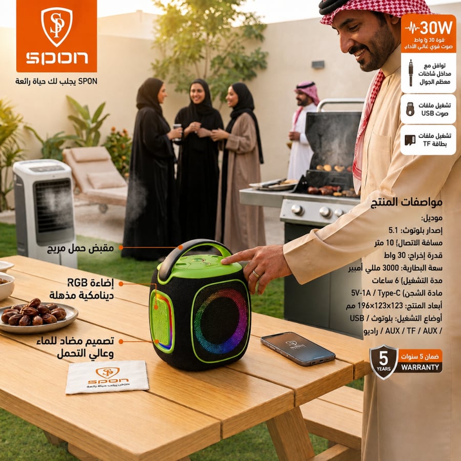 مكبر صوت بلوتوث لاسلكي مع إضاءة LED متفاعلة  براند  SPON