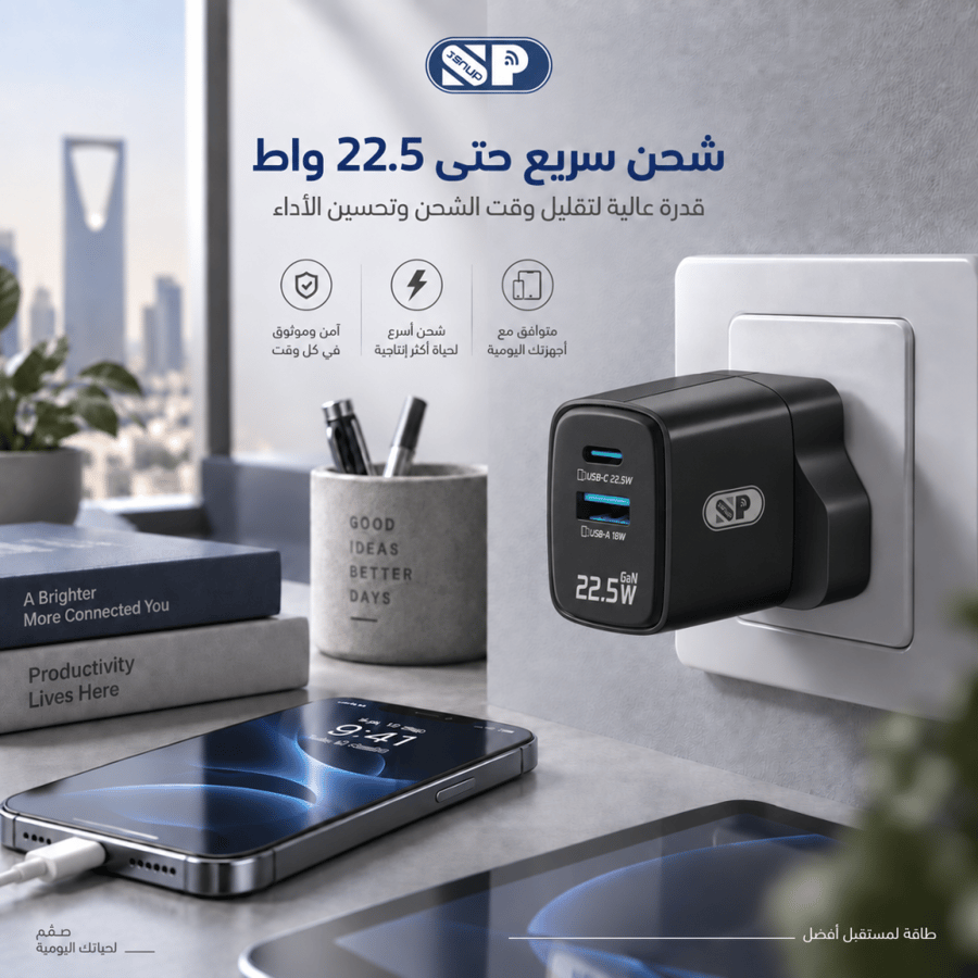 شاحن جداري سريع SP بقوة 22.5 واط تقنية GaN بمنفذين USB-C و USB-A مناسب للايفون والاندرويد