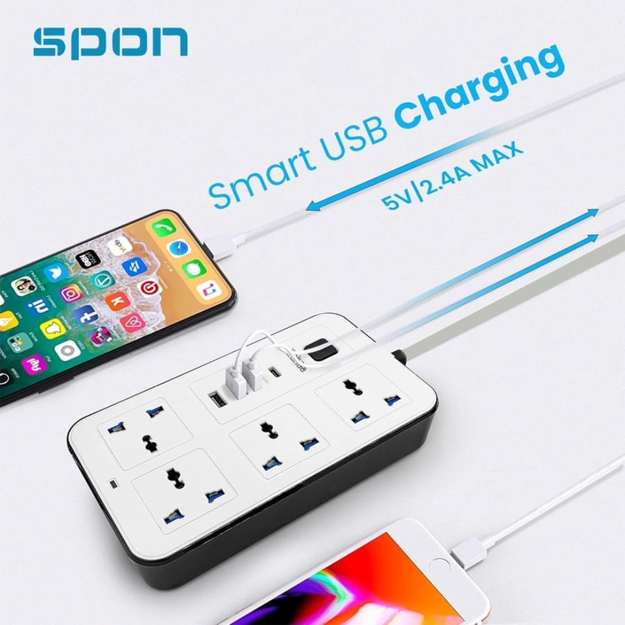 توصيلة كهربائية 4 أفياش و 3 منافذ USB ومنفذ تليب سي