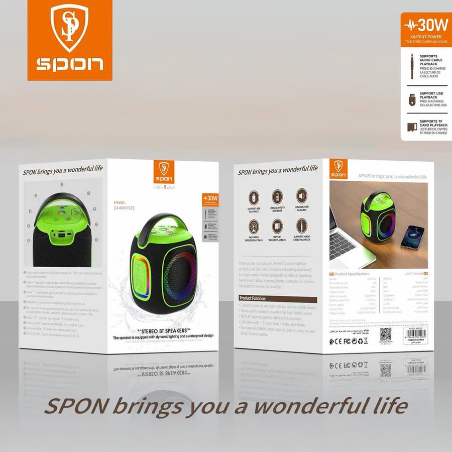 مكبر صوت بلوتوث لاسلكي مع إضاءة LED متفاعلة  براند  SPON