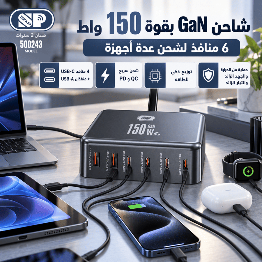 شاحن ايسنوب GaN 150W منظم على مكتب عصري مع لابتوب وجوالين وأجهزة أخرى