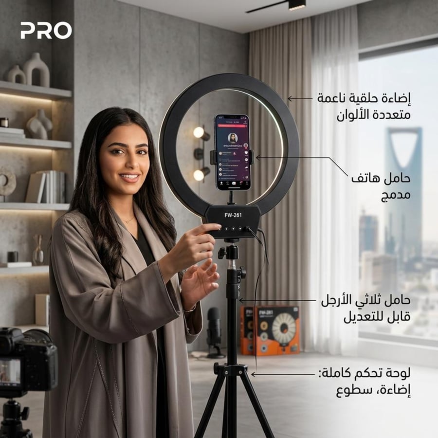 تفاصيل لوحة التحكم وحامل الجوال في رينج لايت FW-261