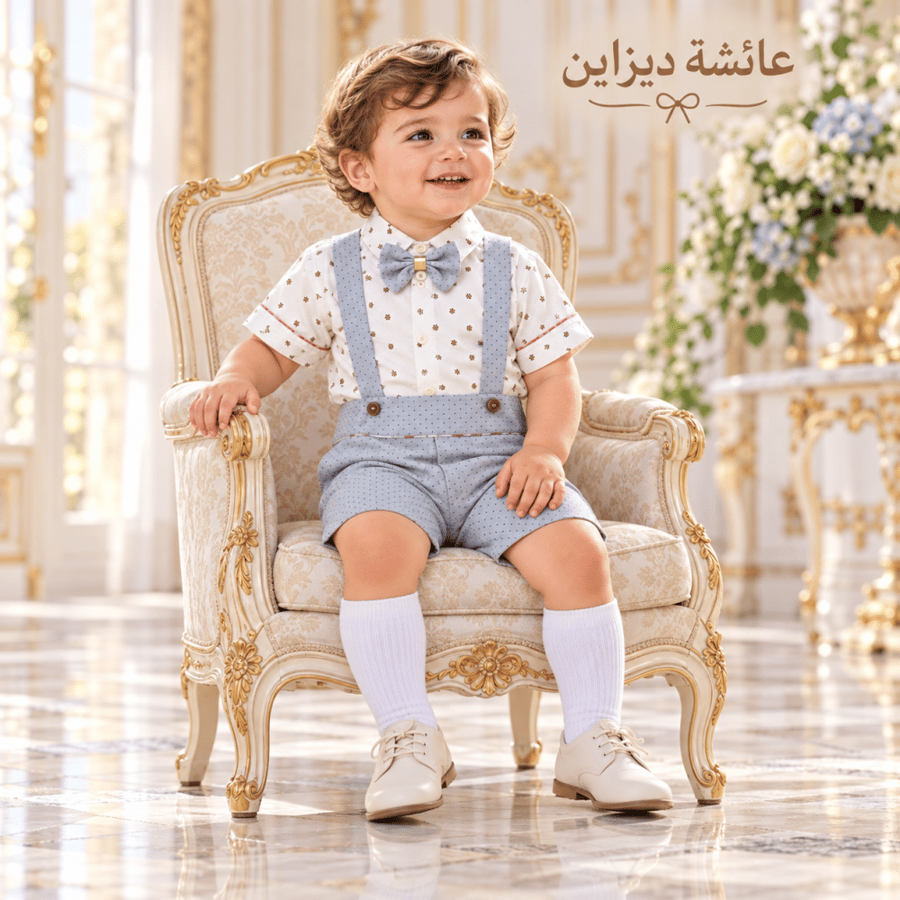 طقم أولادي رمادي بحمالات وبابيون –