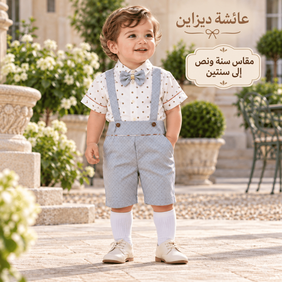 طقم أولادي رمادي بحمالات وبابيون –