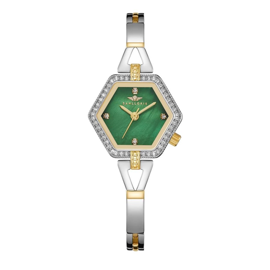 Women's watch silver gold green dial brand San Loris