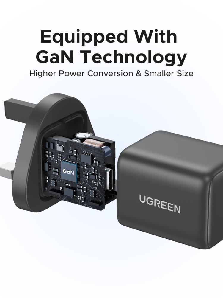 شاحن يوجرين سريع 20 واط بتقنية GaN ومنفذ USB-C - رمادي