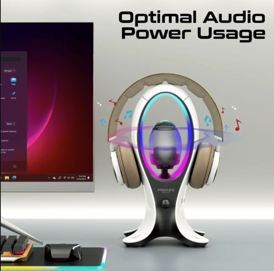 أحدث مكبر صوت بلوتوث محمول Alpha-X من بروميت بصوت عالي الدقة وحامل سماعات مع منفذ USB-C ومنفذيّ USB-A مزدوجين للشحن السريع بالإضافة الى إضاءة RGB ملونة بتصميم جديد ورائع من Promate Alpha-X