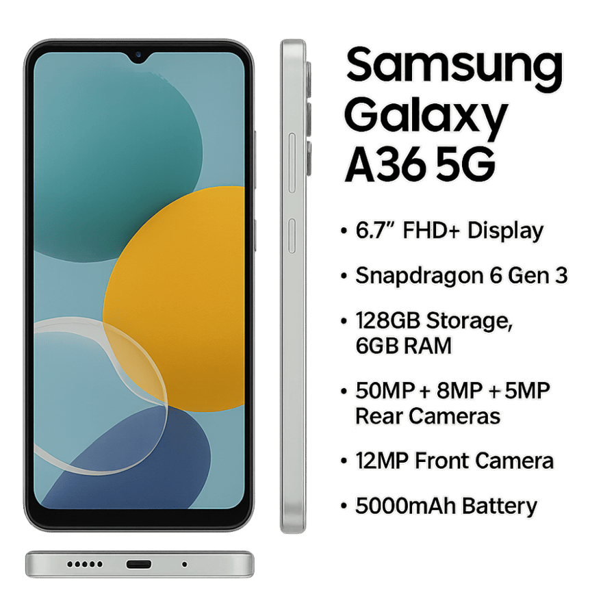 "Samsung Galaxy A36 5G – شاشة 6.7″ Super AMOLED 120Hz، كاميرا 50MP، وشحن سريع 45W"