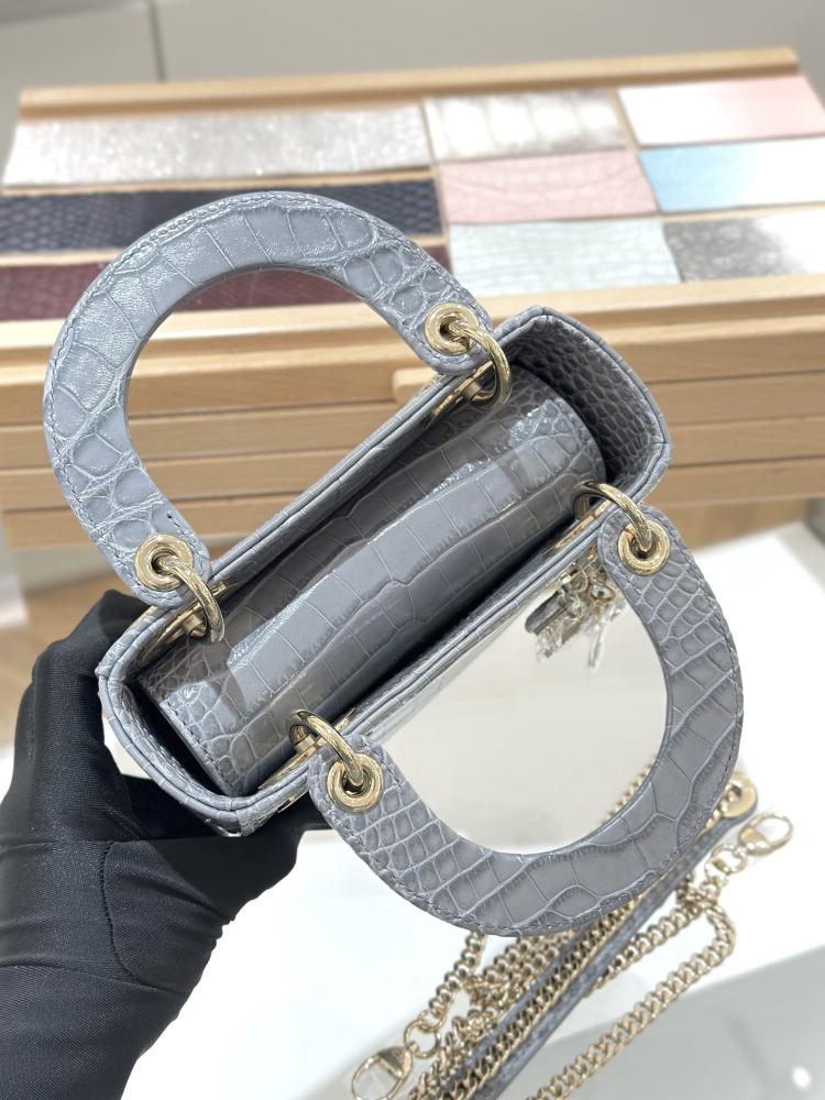 LADY DIOR GRAY CROCODILE MINI TOP HANDLE