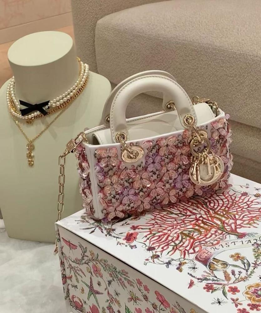 Lady D-joy Bag Latte Satin Embroidered With Pink Flowers And Strass