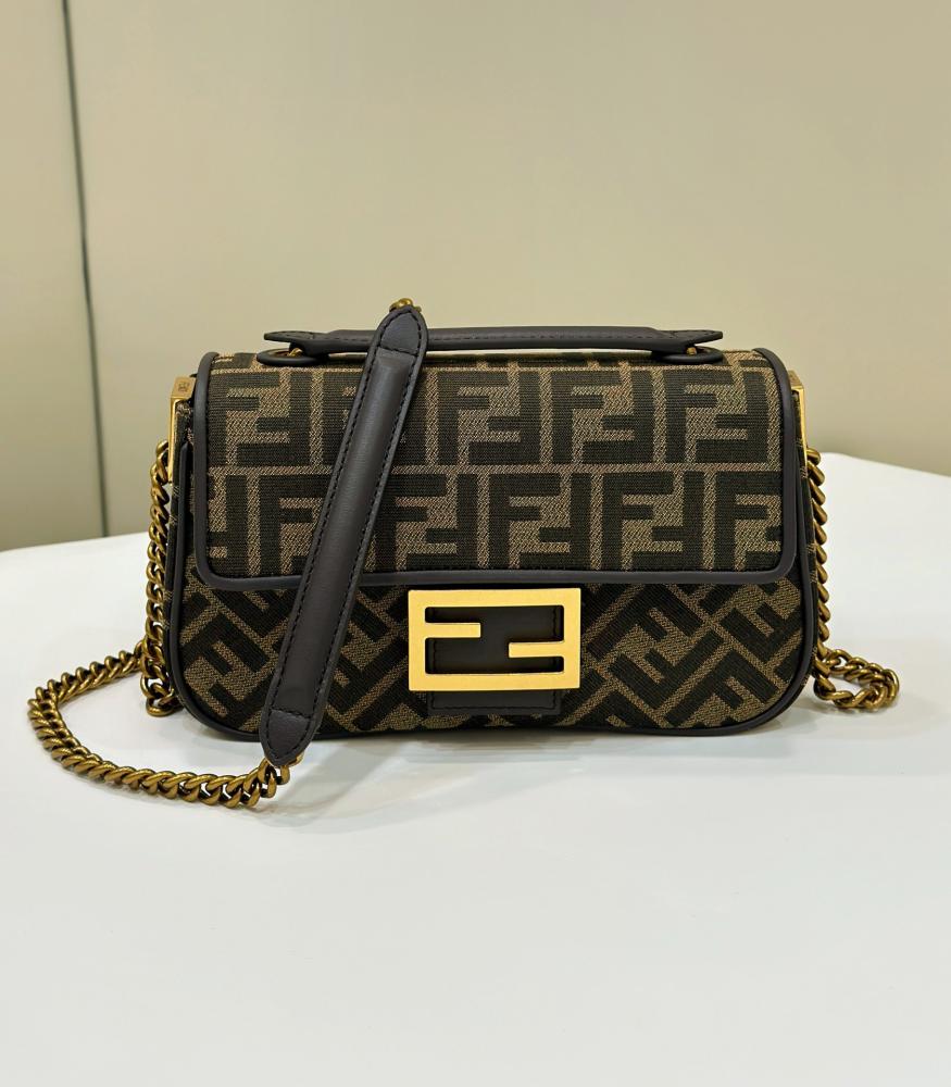 Baguette® Chain Midi Brown FF jacquard fabric bag