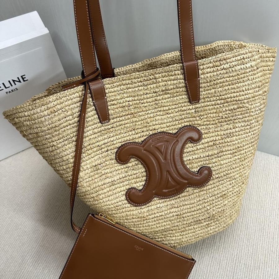TEEN SUPPLE CELINE CLASSIC PANIER IN RAFFIA AND CALFSKIN