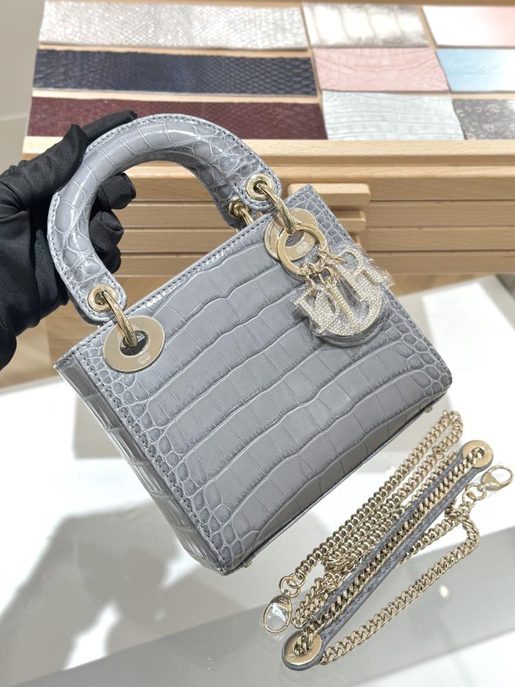 LADY DIOR GRAY CROCODILE MINI TOP HANDLE