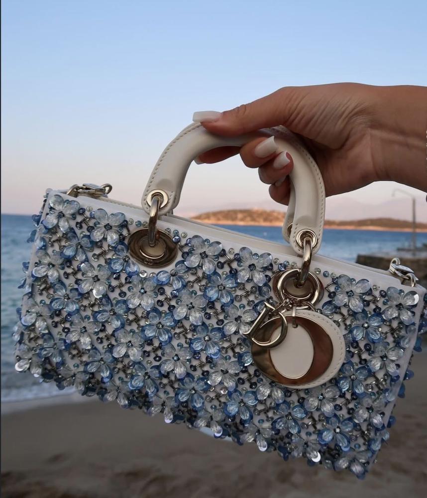 Lady D-joy Bag Latte Satin Embroidered With Pink Flowers And Strass