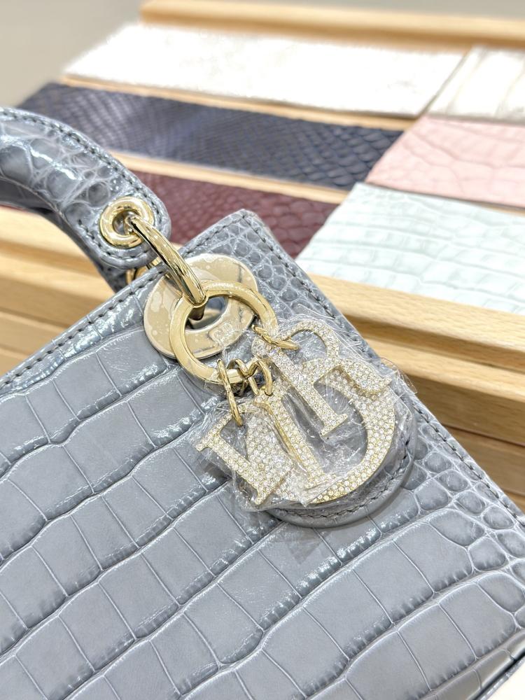 LADY DIOR GRAY CROCODILE MINI TOP HANDLE