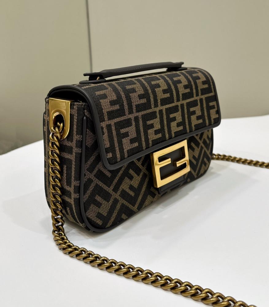 Baguette® Chain Midi Brown FF jacquard fabric bag
