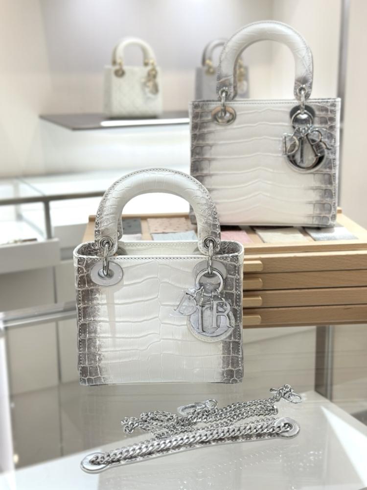 Christian Dior MINI Lady Dior Tote White Himalaya Crocodile Silver Hardware