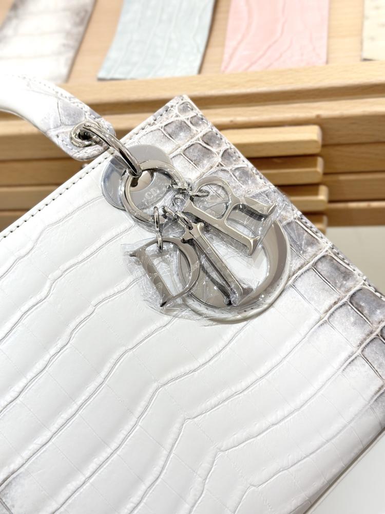 Christian Dior Small Lady Dior Tote White Himalaya Crocodile Silver Hardware