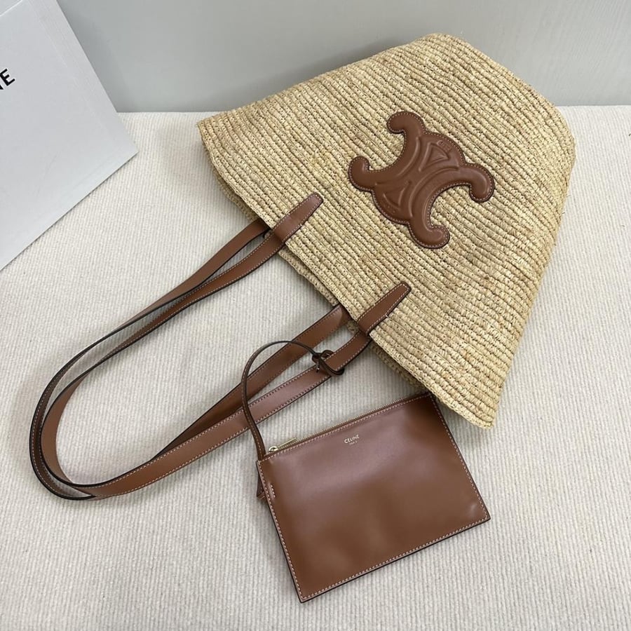 TEEN SUPPLE CELINE CLASSIC PANIER IN RAFFIA AND CALFSKIN