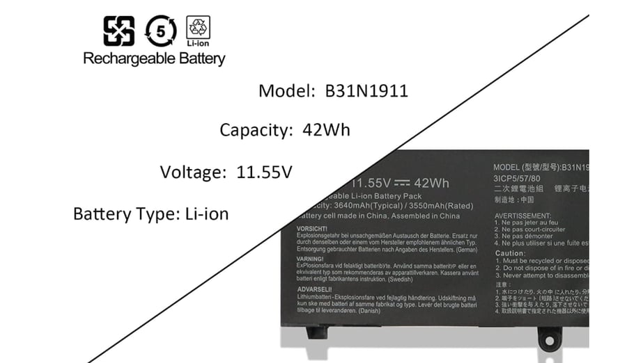 بطارية ASUS B31N1911 / C31N1911 البديلة – 11.55 فولت، 42Wh