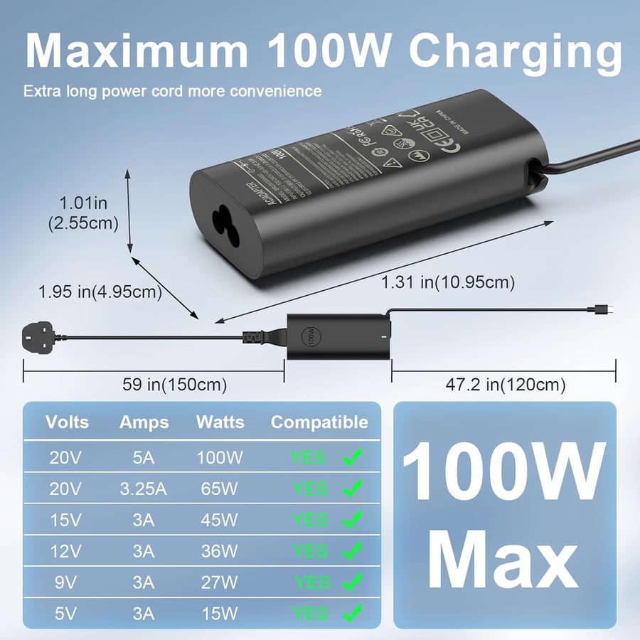Dell Compatible 100W USB-C Laptop Charger with Power Cable