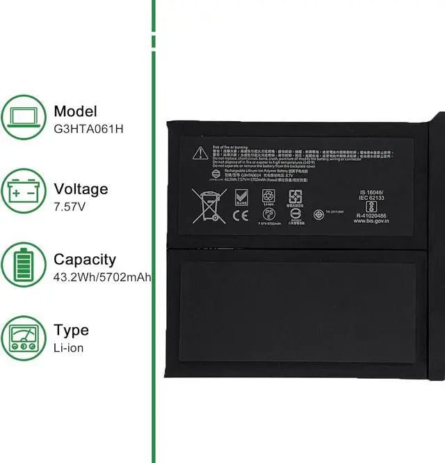 Microsoft Surface Pro 7 G3HTA061H Replacement Battery 7.57V 5702mAh 43.2Wh