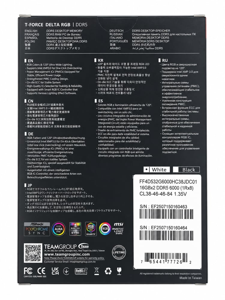 رام T-FORCE DELTA RGB DDR5 بسعة 32GB(16*2) وسرعة 6000MHz CL38-ابيض