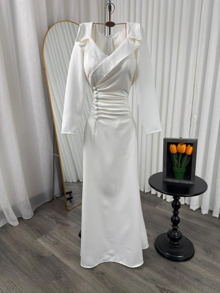 فستان سهرة أبيض لؤلؤي أنيق كم طويل Elegant pearl white evening dress