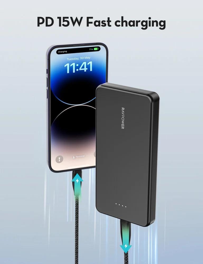 بطارية راف باور 10000 ملي امبير بمنفذ تايب سي ومنفذ مايكرو ومنفذ USB بقوة 15 واط