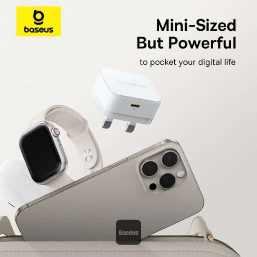 فيش جداري Baseus Palm 20W PD Type-C للشحن السريع - مع كيبل شاحن USB-C فائق السرعة  - أبيض - اسود