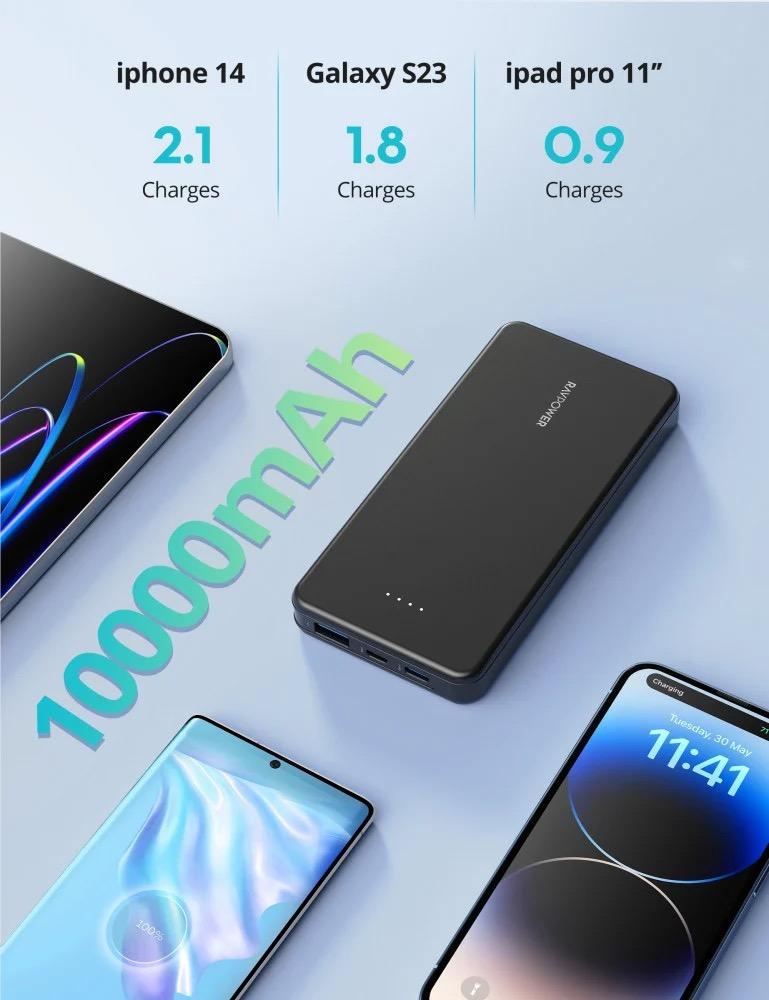 بطارية راف باور 10000 ملي امبير بمنفذ تايب سي ومنفذ مايكرو ومنفذ USB بقوة 15 واط
