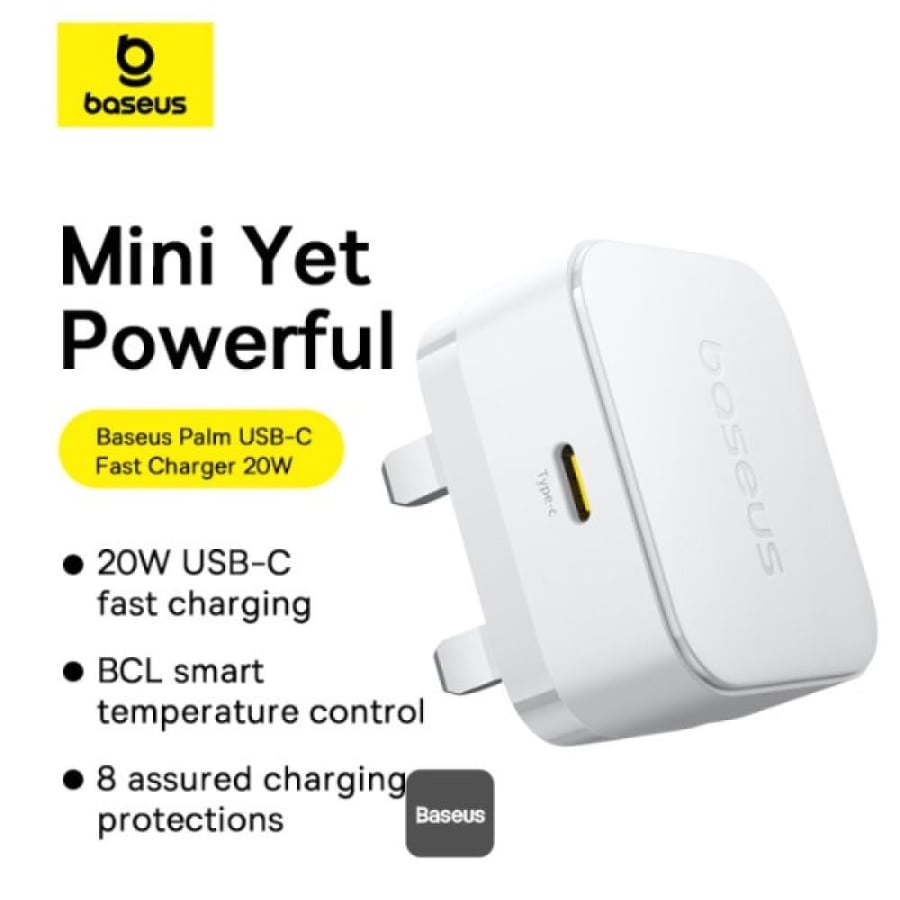 فيش جداري Baseus Palm 20W PD Type-C للشحن السريع - مع كيبل شاحن USB-C فائق السرعة  - أبيض - اسود