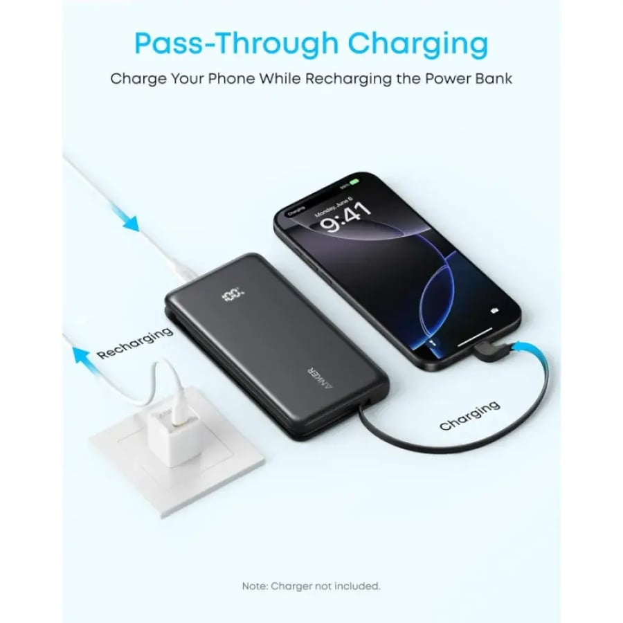 باور بنك أنكر زولو 10,000 ملي أمبير ـ 22.5 واط مع كابل USB-C مدمج ، أسود