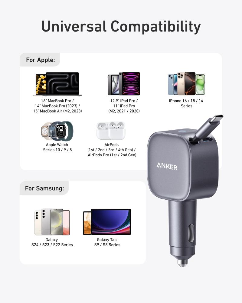 انكر نانو واط ‎75‎ شاحن سيارة PD مع كابل USB‎-‎C قابل للسحب ومنفذ USB-C